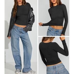 Hragc Black Ribbed Long Sleeve T Shirts Crew Neck Tight Tops Fitted Womens Large